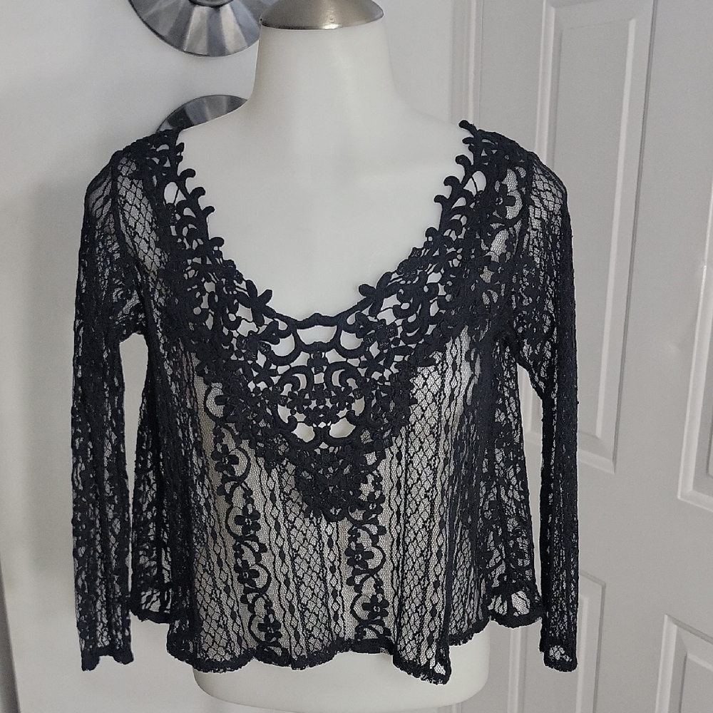 Hollister Black Open Net Lace Short Crop Top XS